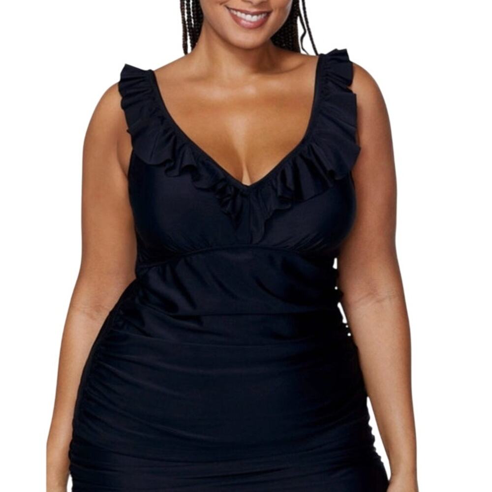 Raisins Plus Size Curve Ruffle Halter Tankini Top - Black